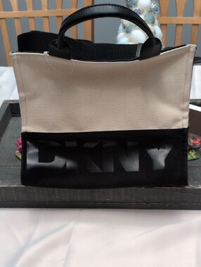 DKNY Hadlee Beige and Black Logo Canvas Tote with Crossbody Strap